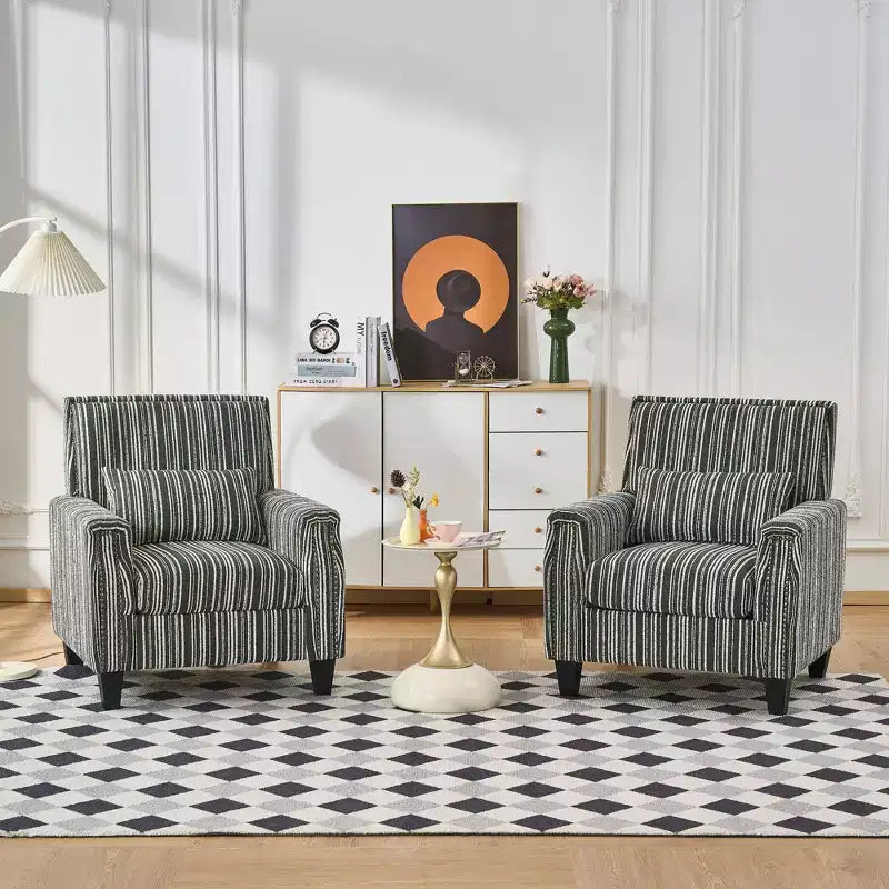 Mid-Century Style Striped Fabric Lounge Armchair with Nailhead Trim - Accent Chair for Living Rooms and Relaxation Areas
