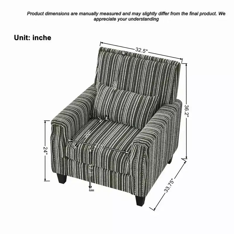 Mid-Century Style Striped Fabric Lounge Armchair with Nailhead Trim - Accent Chair for Living Rooms and Relaxation Areas