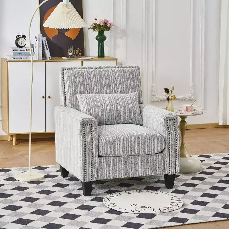 Mid-Century Style Striped Fabric Lounge Armchair with Nailhead Trim - Accent Chair for Living Rooms and Relaxation Areas