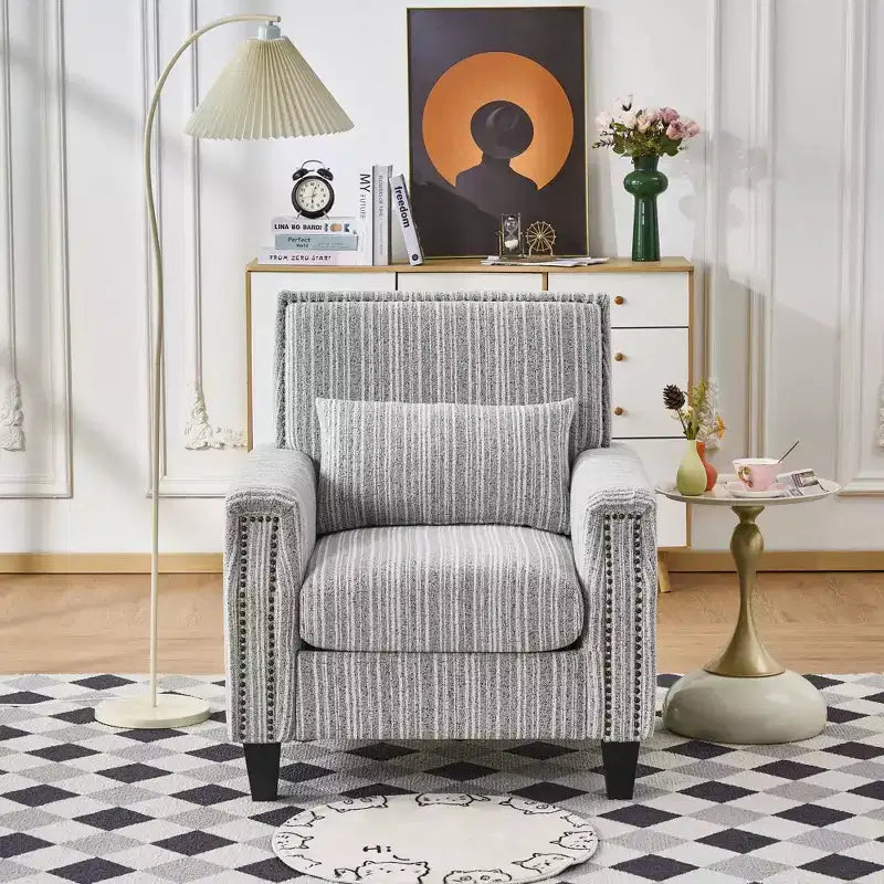Mid-Century Style Striped Fabric Lounge Armchair with Nailhead Trim - Accent Chair for Living Rooms and Relaxation Areas
