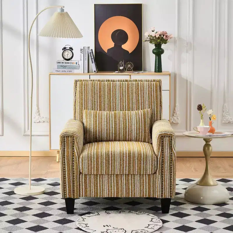 Mid-Century Style Striped Fabric Lounge Armchair with Nailhead Trim - Accent Chair for Living Rooms and Relaxation Areas