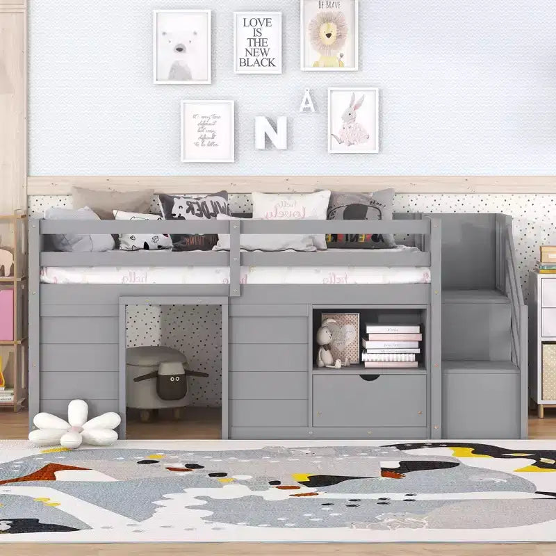 94.56IN Twin Size Kids Loft Bed with Drawers and Shelves, Bunk Bed with Ladder and Safety Guardrail, Bed Frames for Kids Room