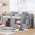 Lit mezzanine enfant double 94,56 po avec tiroirs et étagères, lit superposé avec échelle et garde-corps de sécurité, cadres de lit pour chambre d'enfant