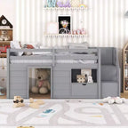 Lit mezzanine enfant double 94,56 po avec tiroirs et étagères, lit superposé avec échelle et garde-corps de sécurité, cadres de lit pour chambre d'enfant