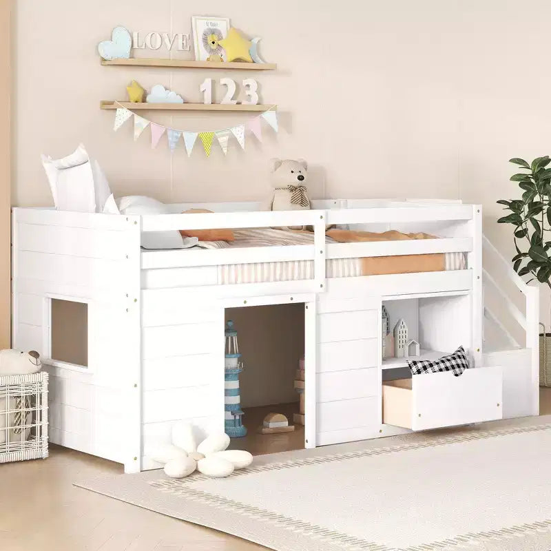 94.56IN Twin Size Kids Loft Bed with Drawers and Shelves, Bunk Bed with Ladder and Safety Guardrail, Bed Frames for Kids Room