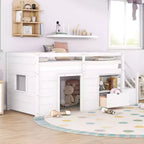 Lit mezzanine enfant double 94,56 po avec tiroirs et étagères, lit superposé avec échelle et garde-corps de sécurité, cadres de lit pour chambre d'enfant