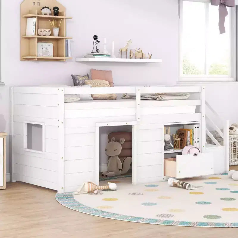 94.56IN Twin Size Kids Loft Bed with Drawers and Shelves, Bunk Bed with Ladder and Safety Guardrail, Bed Frames for Kids Room