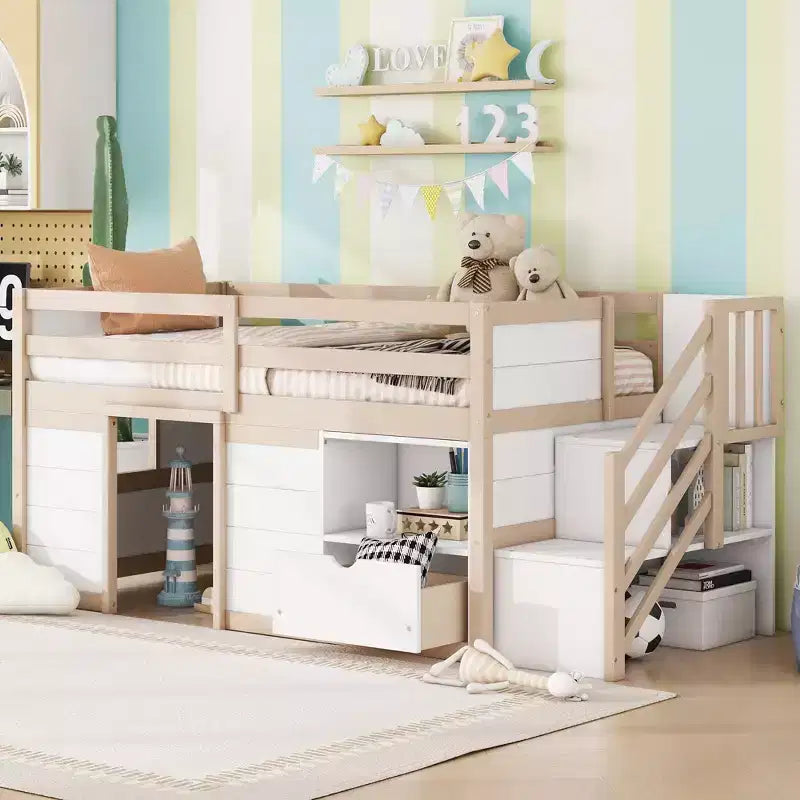 94.56IN Twin Size Kids Loft Bed with Drawers and Shelves, Bunk Bed with Ladder and Safety Guardrail, Bed Frames for Kids Room