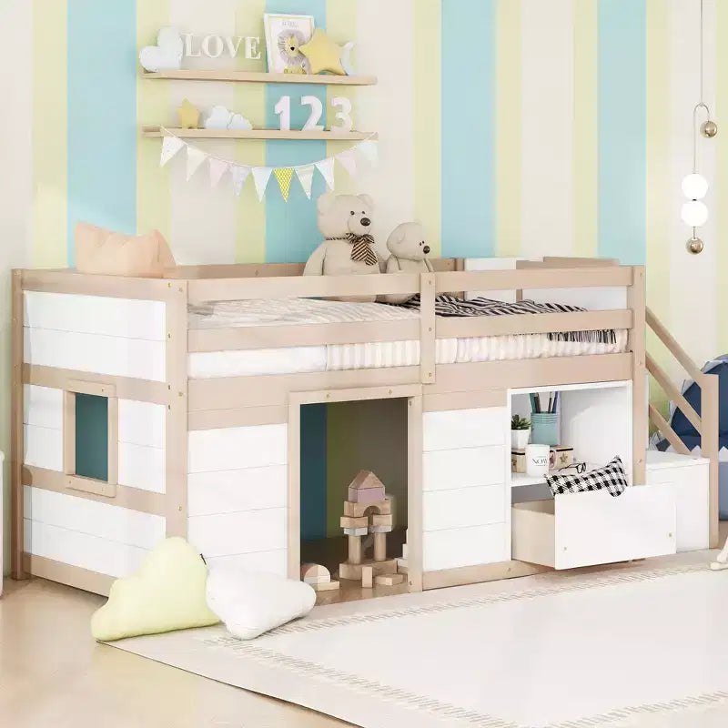 94.56IN Twin Size Kids Loft Bed with Drawers and Shelves, Bunk Bed with Ladder and Safety Guardrail, Bed Frames for Kids Room