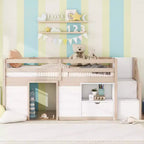Lit mezzanine enfant double 94,56 po avec tiroirs et étagères, lit superposé avec échelle et garde-corps de sécurité, cadres de lit pour chambre d'enfant