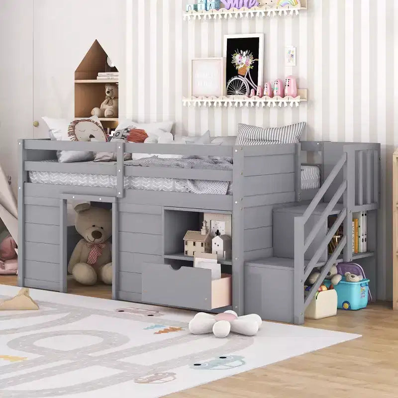 94.56IN Twin Size Kids Loft Bed with Drawers and Shelves, Bunk Bed with Ladder and Safety Guardrail, Bed Frames for Kids Room