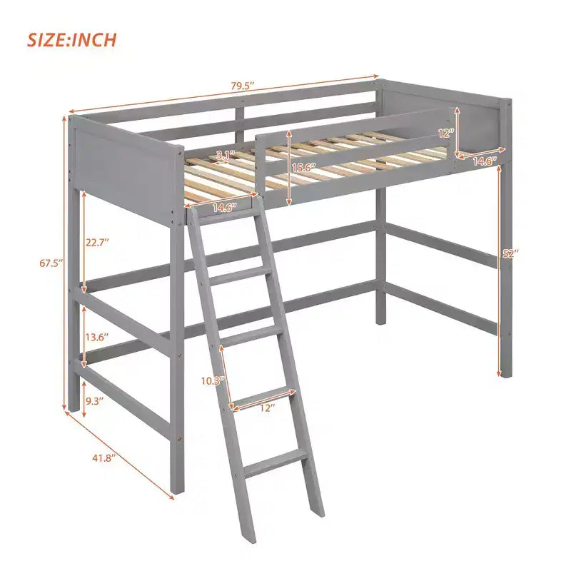 79.5IN Twin Size Kids Loft Bed with Ladder, Safety Guardrails, Bed Frame for Kids Room, Gaming Room, Living Room