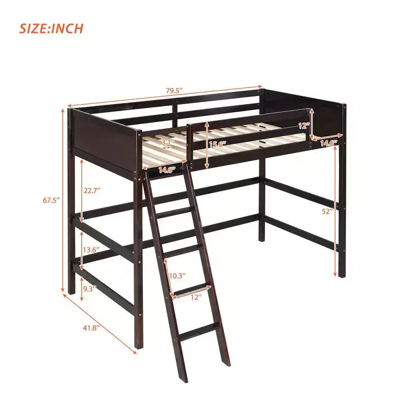 79.5IN Twin Size Kids Loft Bed with Ladder, Safety Guardrails, Bed Frame for Kids Room, Gaming Room, Living Room