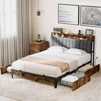 Queen Size Metal Bed Frame Upholstered Headboard Platform With Four Drawer Storage Metal Slats Support