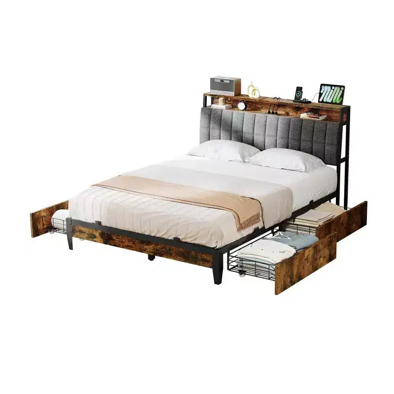 Queen Size Platform Bed Frame with Storage Drawers and Upholstered Headboard