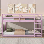 Okak 77.3IN Twin-Over-Twin Floor Bunk Bed with Ladder, Twin Bed with Guardrail and Strengthened Slats, Bed Frames for Kids Room, Gaming Room, Pink