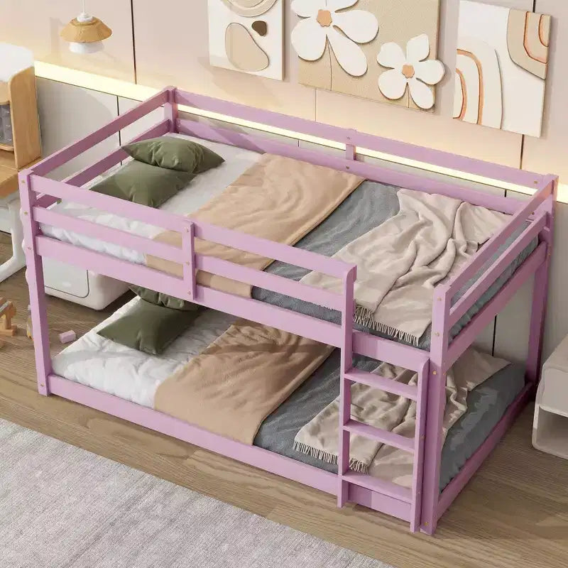 77.3IN Twin-Over-Twin Floor Bunk Bed with Ladder, Guardrail and Strengthened Slats, Bed Frame for Kids Room, Gaming Room, Pink