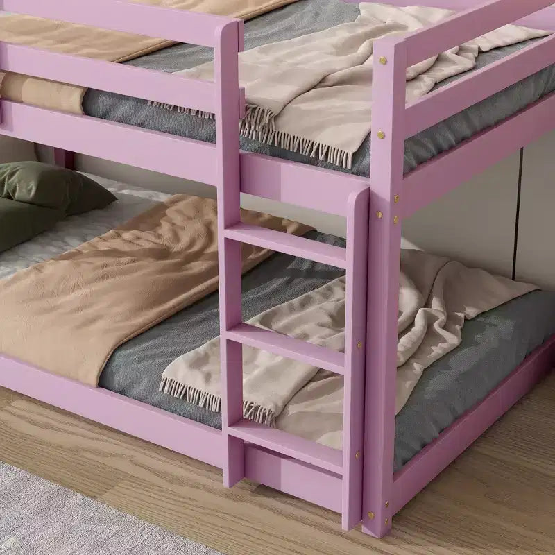 77.3IN Twin-Over-Twin Floor Bunk Bed with Ladder, Guardrail and Strengthened Slats, Bed Frame for Kids Room, Gaming Room, Pink