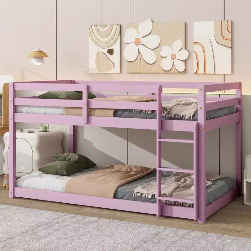 77.3IN Twin-Over-Twin Floor Bunk Bed with Ladder, Guardrail and Strengthened Slats, Bed Frame for Kids Room, Gaming Room, Pink