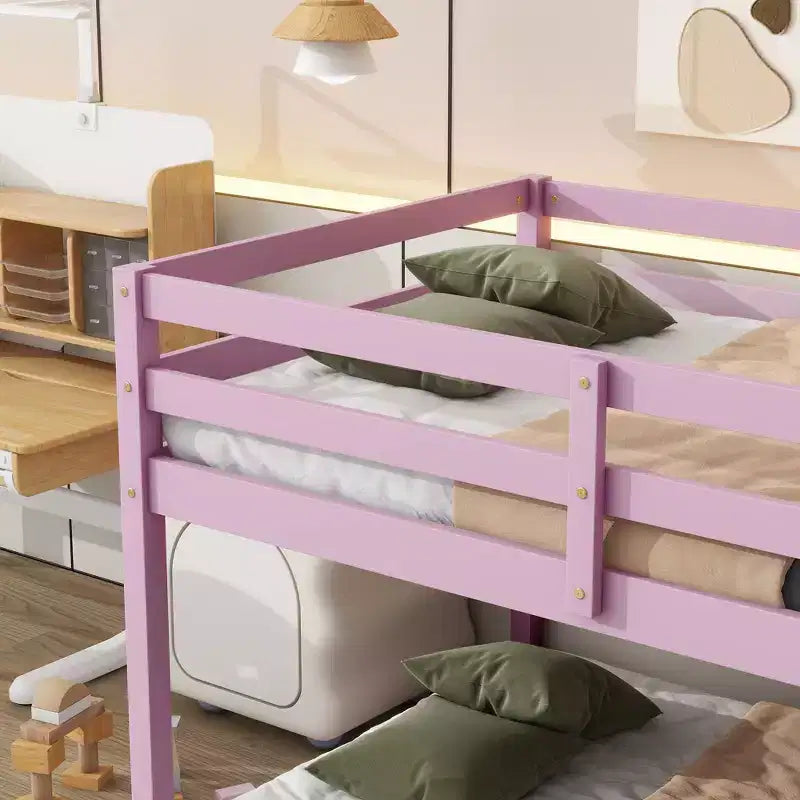 77.3IN Twin-Over-Twin Floor Bunk Bed with Ladder, Guardrail and Strengthened Slats, Bed Frame for Kids Room, Gaming Room, Pink