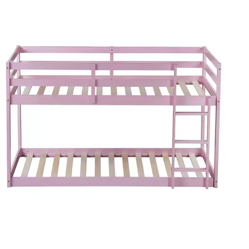 77.3IN Twin-Over-Twin Floor Bunk Bed with Ladder, Guardrail and Strengthened Slats, Bed Frame for Kids Room, Gaming Room, Pink
