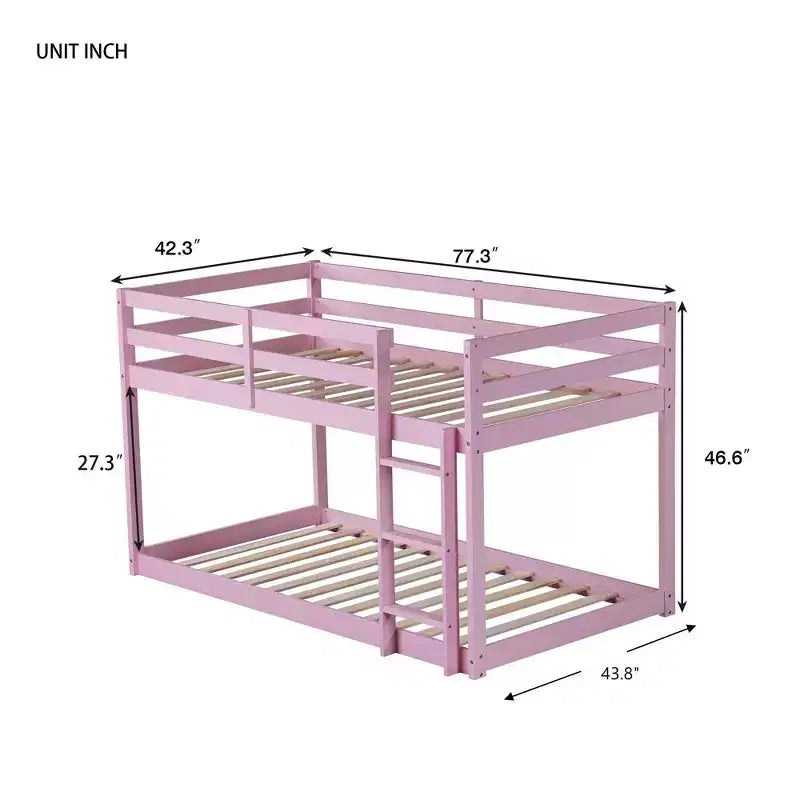 77.3IN Twin-Over-Twin Floor Bunk Bed with Ladder, Guardrail and Strengthened Slats, Bed Frame for Kids Room, Gaming Room, Pink