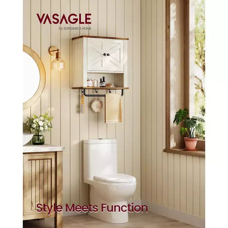 Wall-Mounted Storage Cabinet with Sliding Doors, Adjustable Shelf and Towel Bar, Rustic White