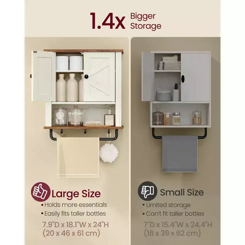 Wall-Mounted Storage Cabinet with Sliding Doors, Adjustable Shelf and Towel Bar, Rustic White