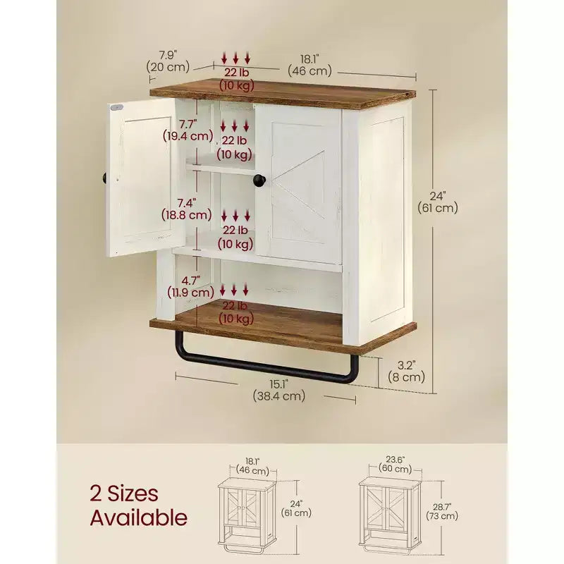 Wall-Mounted Storage Cabinet with Sliding Doors, Adjustable Shelf and Towel Bar, Rustic White