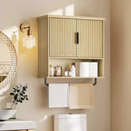 Wall-Mounted Cabinet with Fluted Doors, 23.6x28.7 Inch Over Toilet Storage with Adjustable Shelf and Towel Bar, Oak Beige