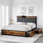 Rustic BrownStorage Bed Frame  4-Drawer Platform with Charging Station (No Box Spring Needed)