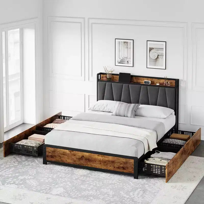 Rustic Brown Storage Bed Frame with 4 Drawers and Charging Station