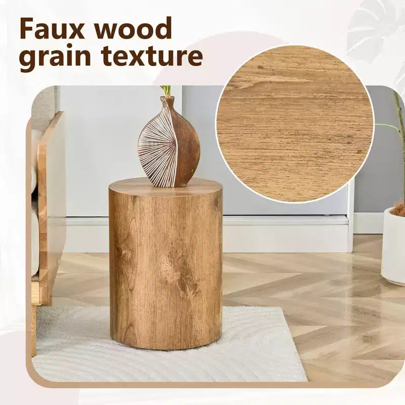 Round Wooden End Table - Cylindrical Side Table for Living Room