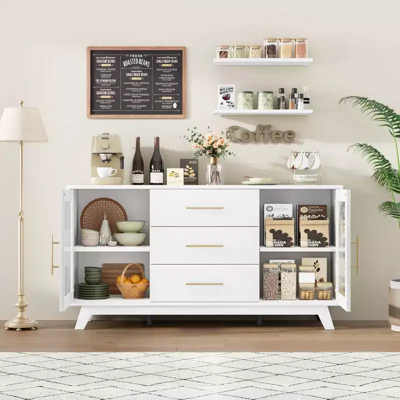 56 Inch Buffet Cabinet Sideboard with Fluted Glass Doors and Gold Handles, Coffee Bar Cabinet with Adjustable Shelves for Dining and Living Room