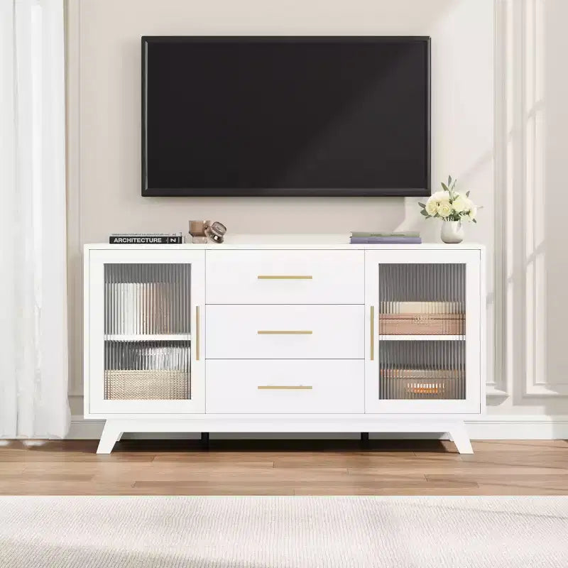 56 Inch Buffet Cabinet Sideboard with Fluted Glass Doors and Gold Handles, Coffee Bar Cabinet with Adjustable Shelves for Dining and Living Room