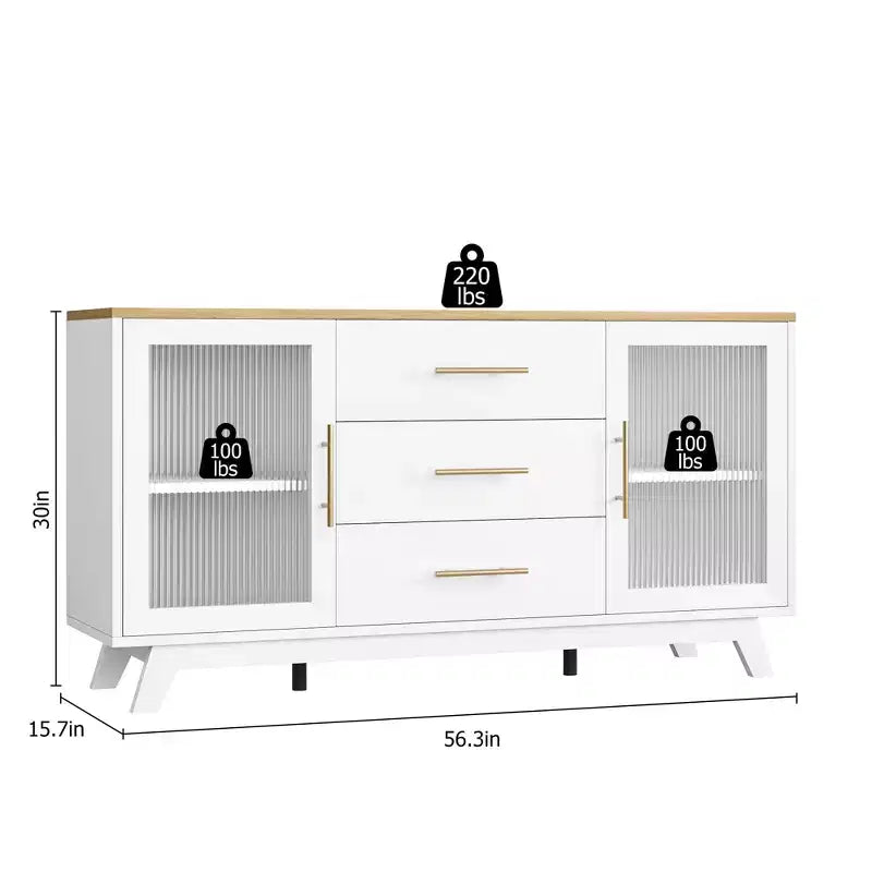 56 Inch Buffet Cabinet Sideboard with Fluted Glass Doors and Gold Handles, Coffee Bar Cabinet with Adjustable Shelves for Dining and Living Room