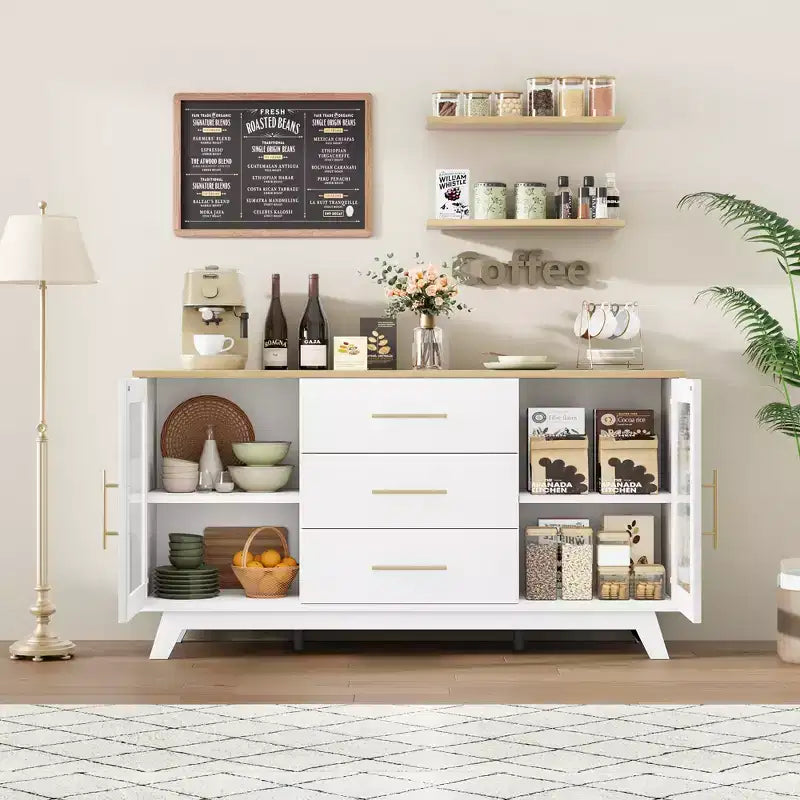56 Inch Buffet Cabinet Sideboard with Fluted Glass Doors and Gold Handles, Coffee Bar Cabinet with Adjustable Shelves for Dining and Living Room