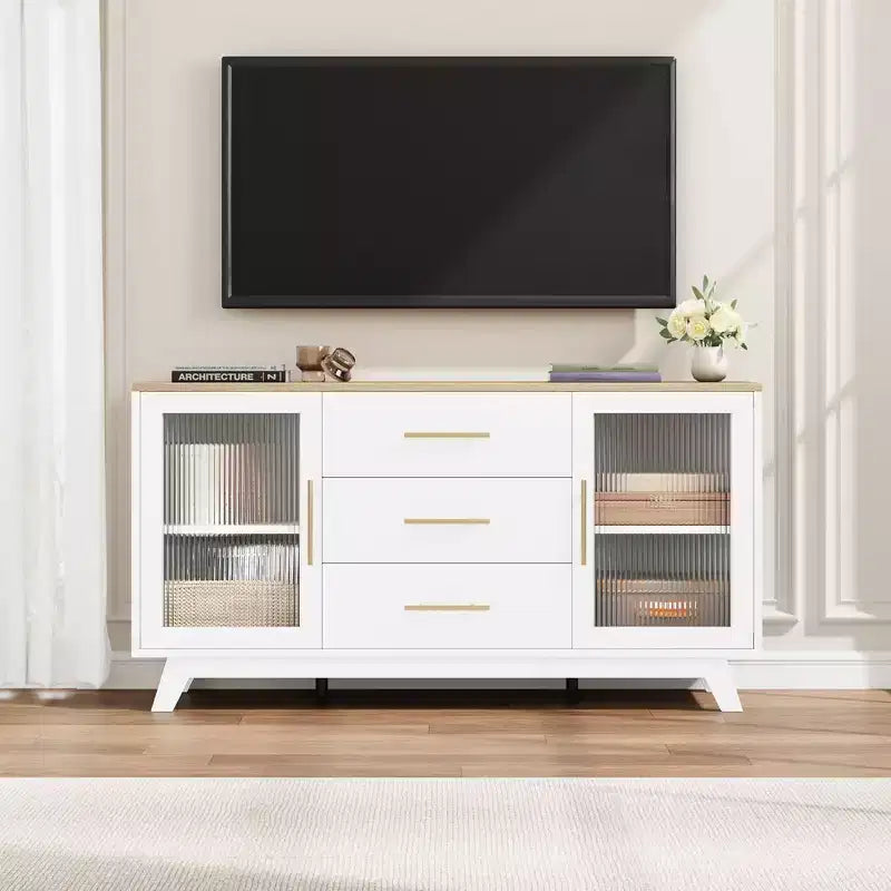 56 Inch Buffet Cabinet Sideboard with Fluted Glass Doors and Gold Handles, Coffee Bar Cabinet with Adjustable Shelves for Dining and Living Room