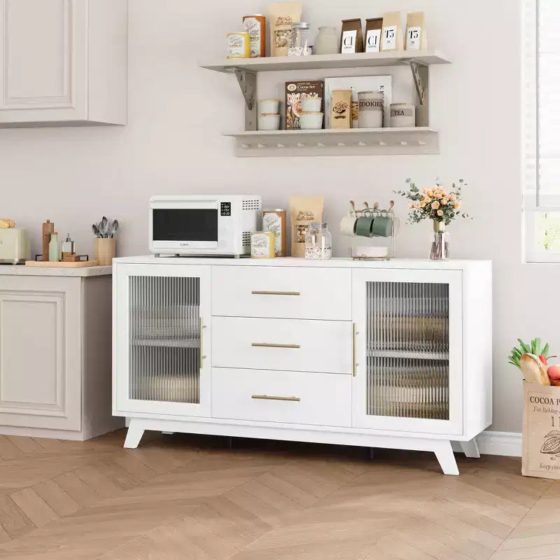 56 Inch Buffet Cabinet Sideboard with Fluted Glass Doors and Gold Handles, Coffee Bar Cabinet with Adjustable Shelves for Dining and Living Room