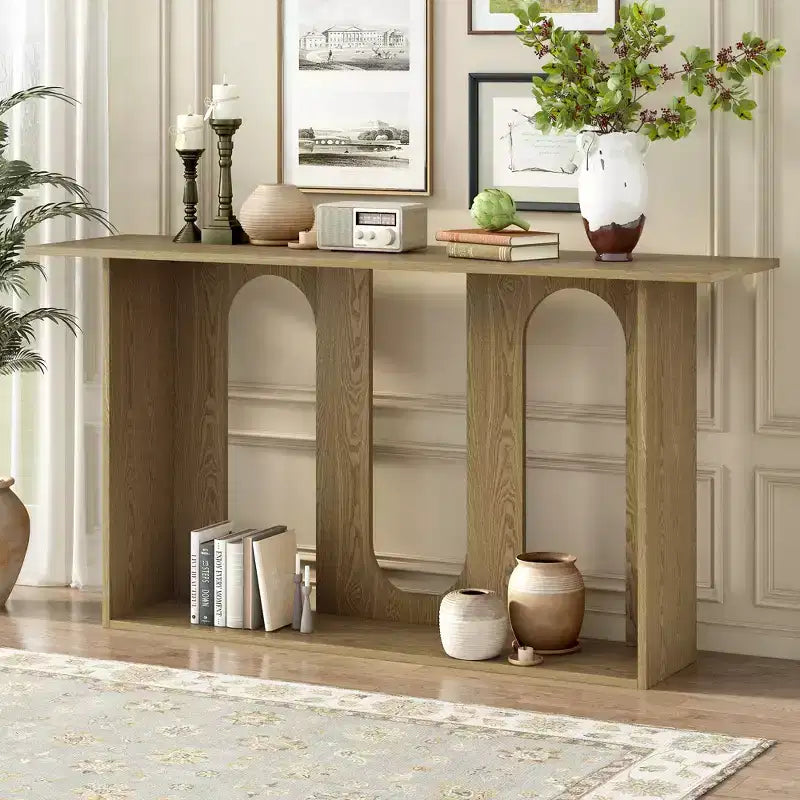 60 Inch Modern Curved Console Table with Ash Veneer and Bottom Shelf