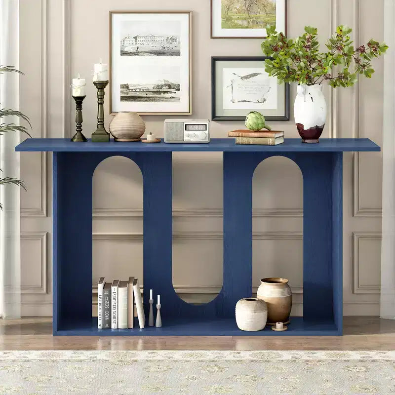 60 Inch Modern Curved Console Table with Ash Veneer and Bottom Shelf