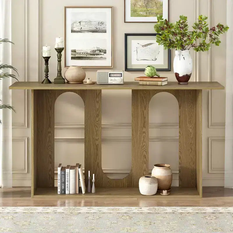 60 Inch Modern Curved Console Table with Ash Veneer and Bottom Shelf