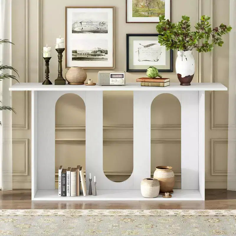 60 Inch Modern Curved Console Table with Ash Veneer and Bottom Shelf