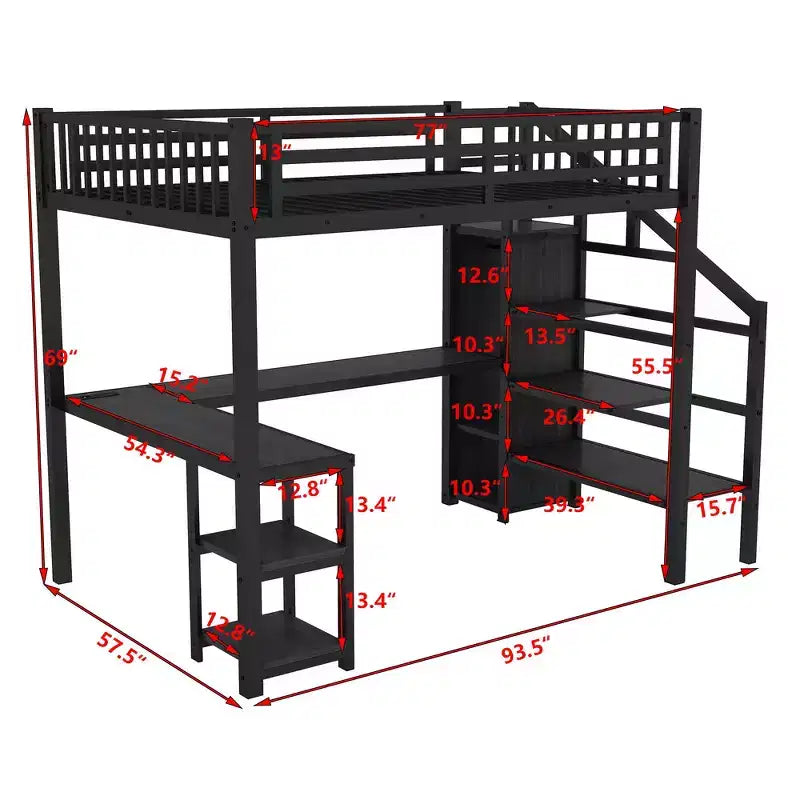 Metal Full Loft Bed with Wardrobe, LED Light, L-Shaped Desk and USB