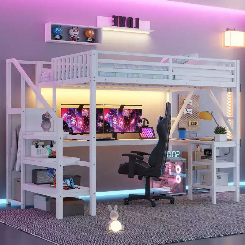 Metal Full Loft Bed with Wardrobe, LED Light, L-Shaped Desk and USB