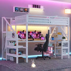 Lit mezzanine en métal avec armoire, lumière LED, bureau en L et USB