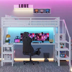 Lit mezzanine en métal avec armoire, lumière LED, bureau en L et USB