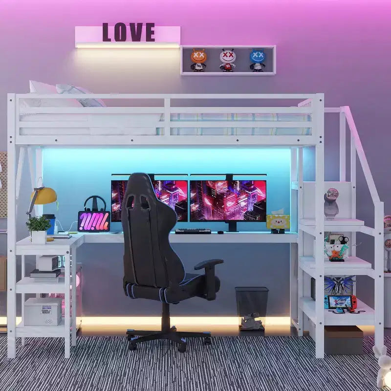 Metal Full Loft Bed with Wardrobe, LED Light, L-Shaped Desk and USB