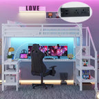 Lit mezzanine en métal avec armoire, lumière LED, bureau en L et USB