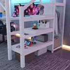 Lit mezzanine en métal avec armoire, lumière LED, bureau en L et USB